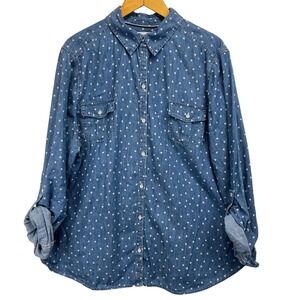 Denim Blue Button Down Shirt XL Chambray Heart Adjustable Sleeve Country